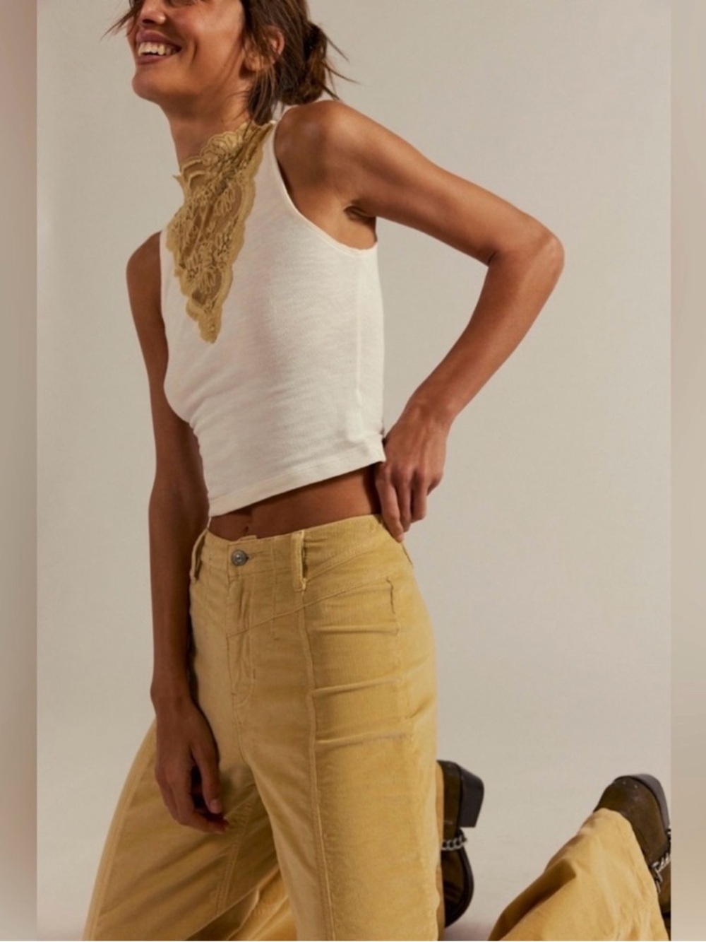 We The Free Libre Wide-Leg Jeans in Sand Mustard Yellow Ribbed Jeans NEW - Picture 3 of 4